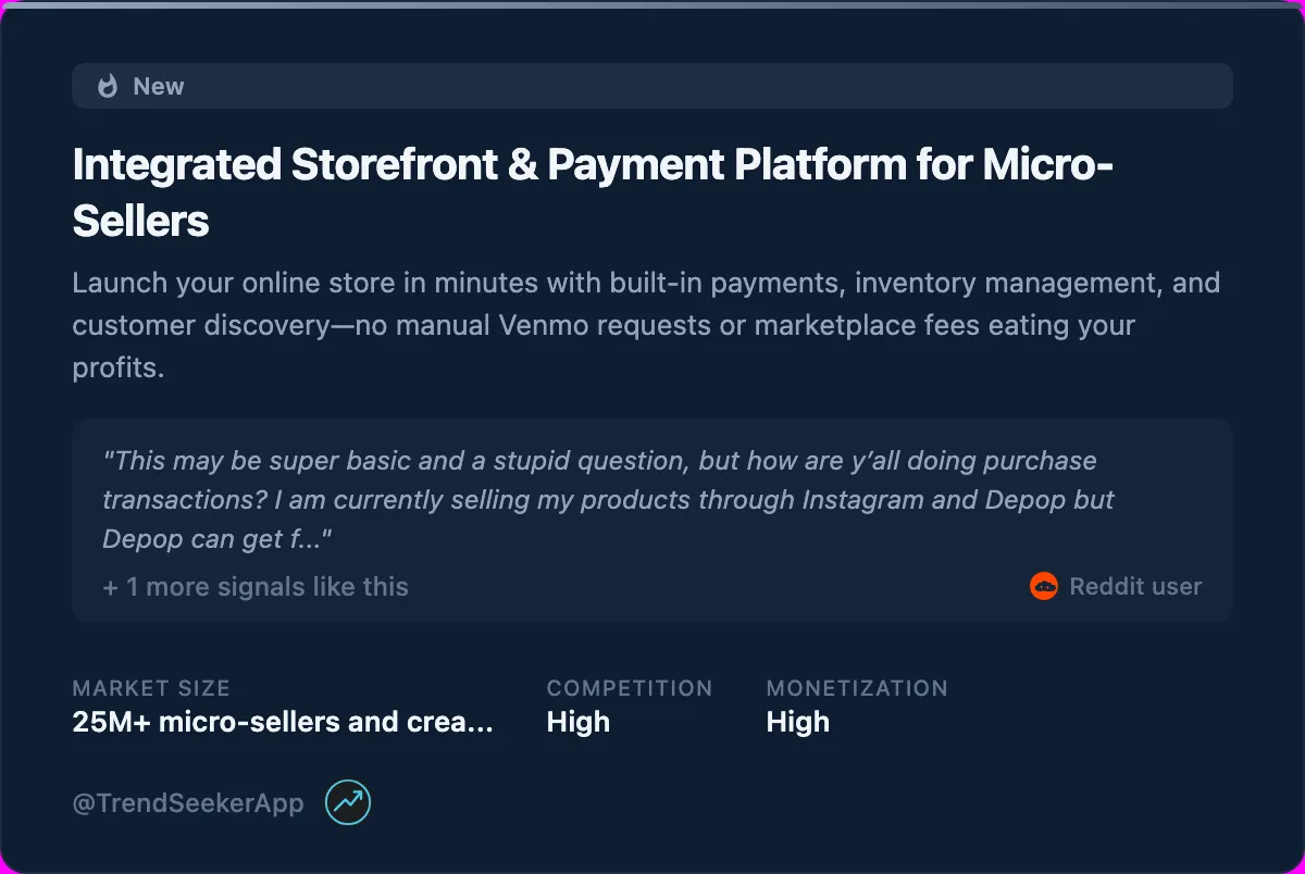 Idea card: Integrated Storefront and Payment Platform for Micro-Sellers - validated business idea