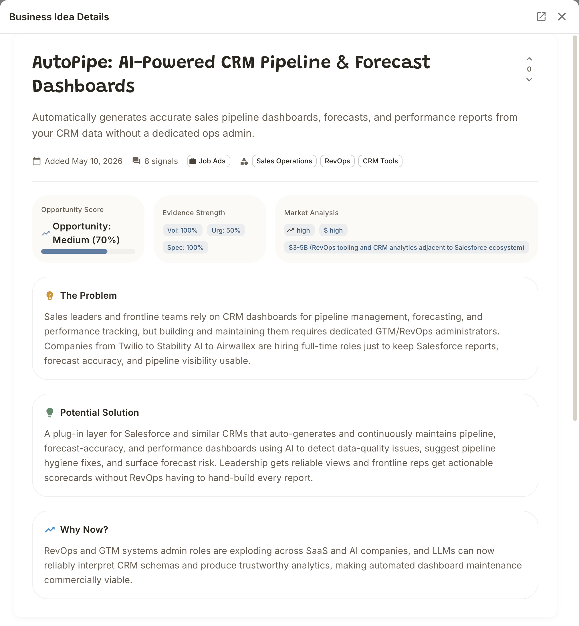 Business idea detail view showing job ad signals with links to Clawjobs