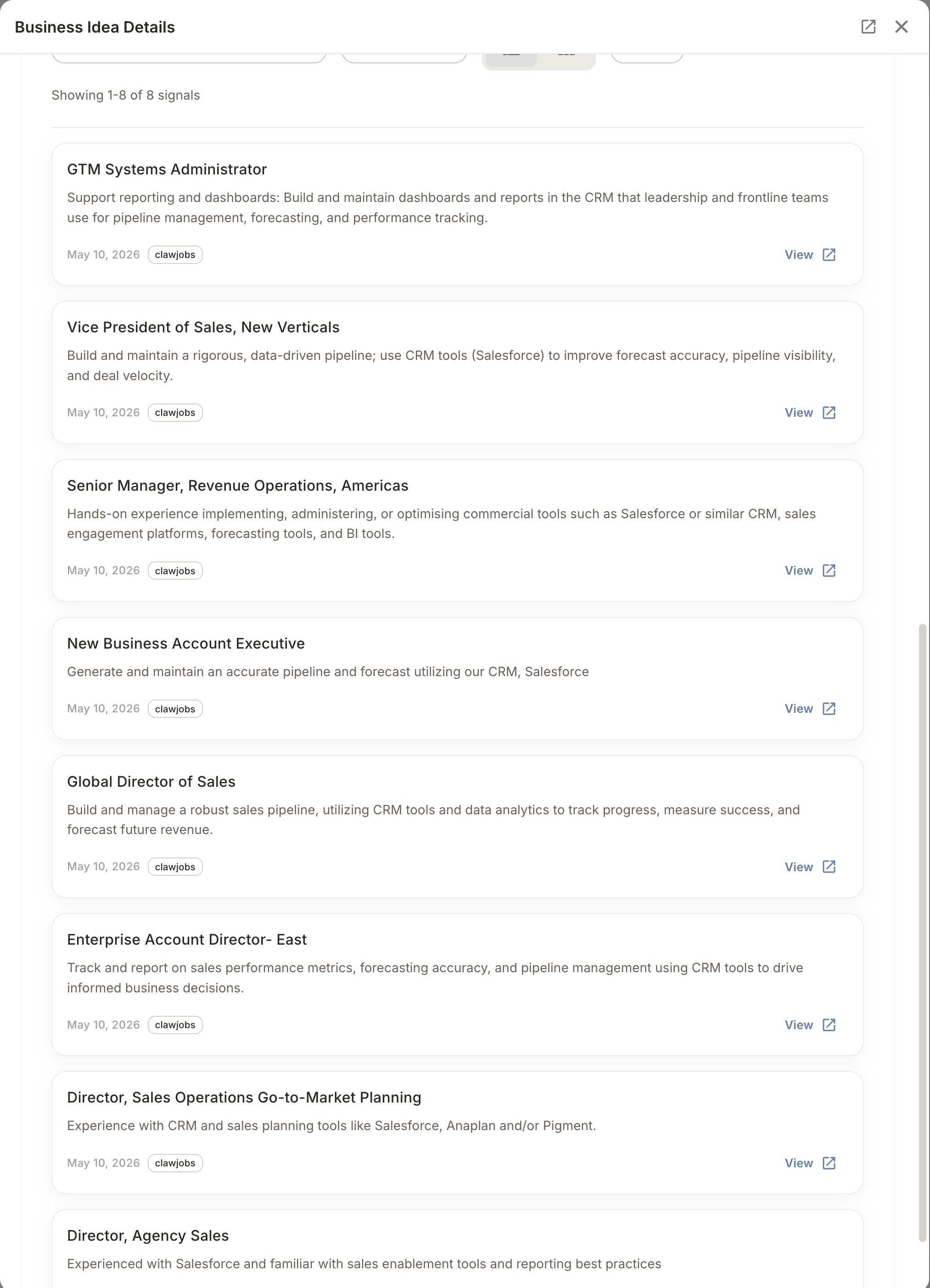 List of job ad signals for a business idea showing companies hiring for the same role
