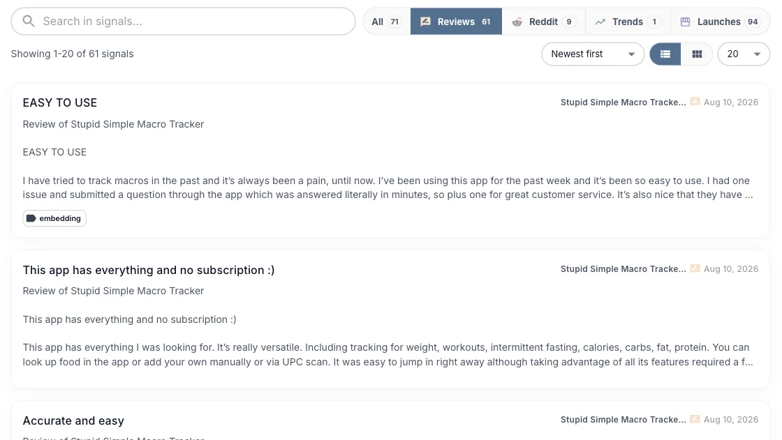 Private AI Meal Logger idea Signals tab showing public app reviews with the reviewed product and marketplace source attached