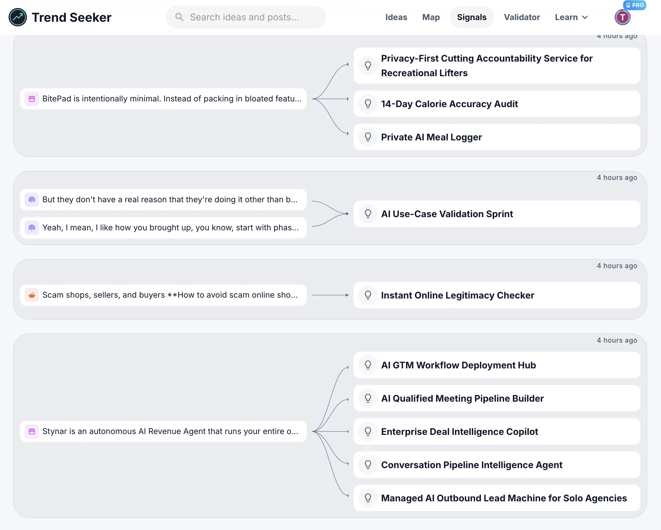 Trend Seeker Signal explorer showing product-launch, podcast, and Reddit evidence connected to matched business ideas