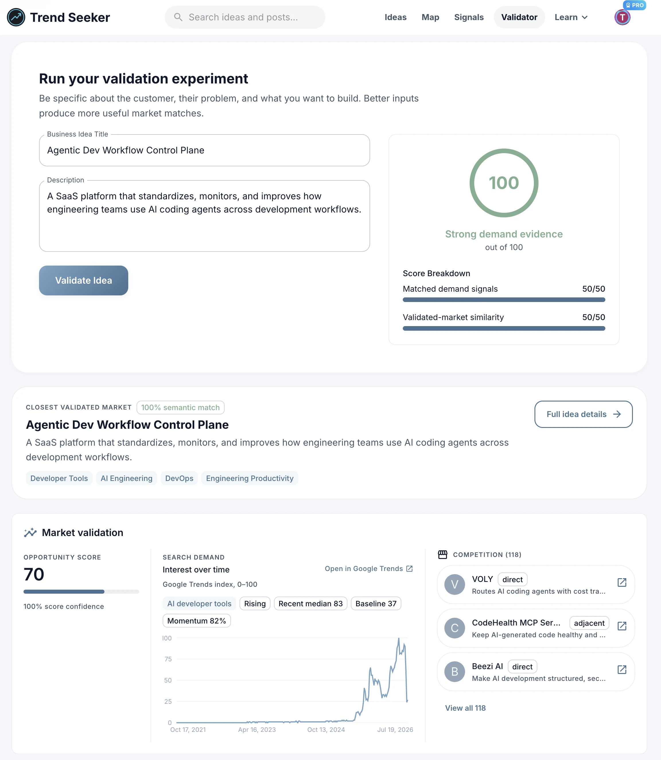 Trend Seeker Idea Validator result with demand score, closest validated market, Google Trends history, competitors, and matching evidence