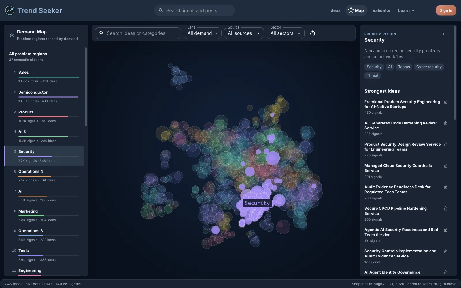 Trend Seeker Demand Map with the Security problem region selected and its strongest ideas listed