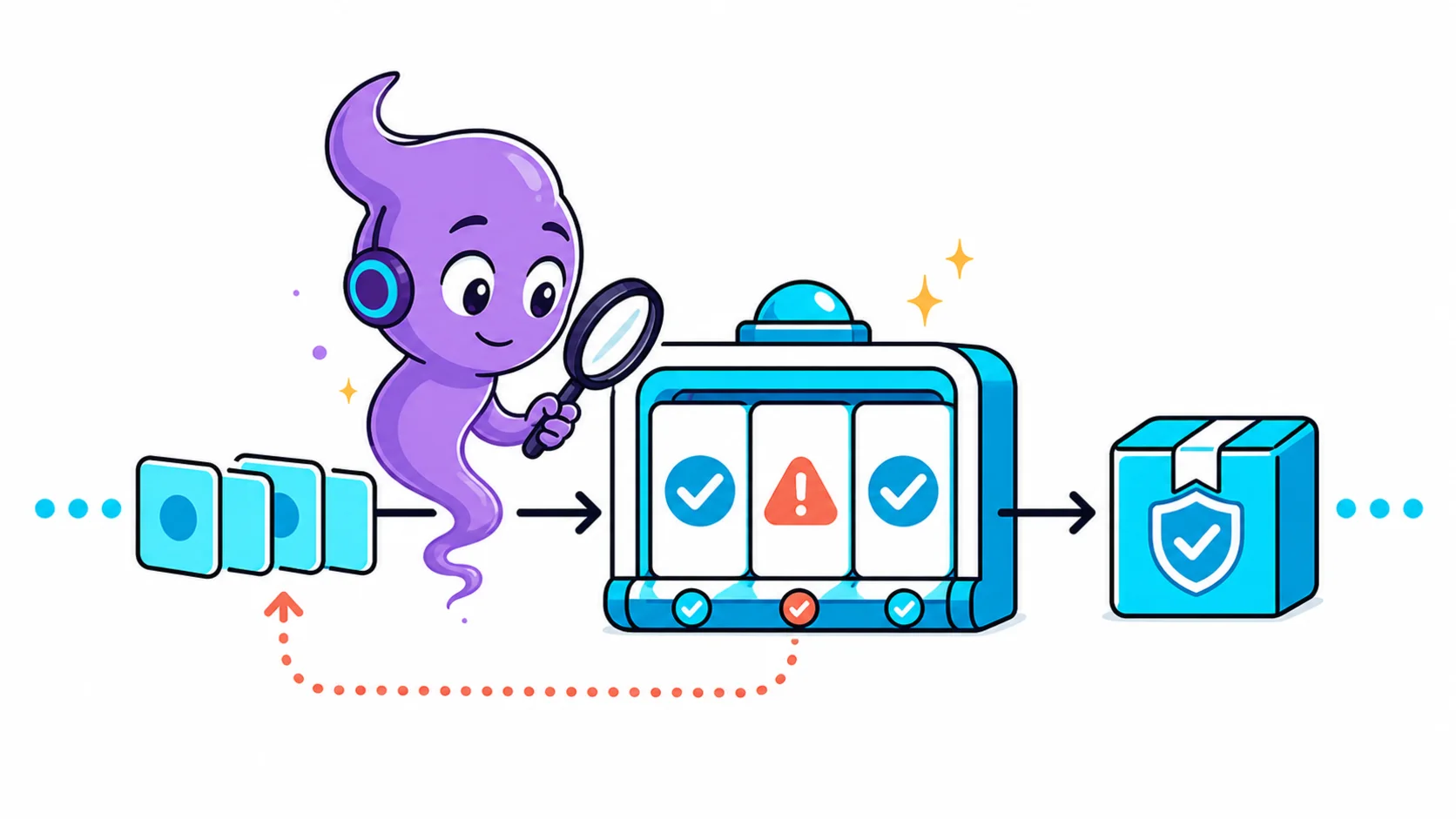 A violet operator wisp inspects AI task cards passing through a test gate before a guarded production release