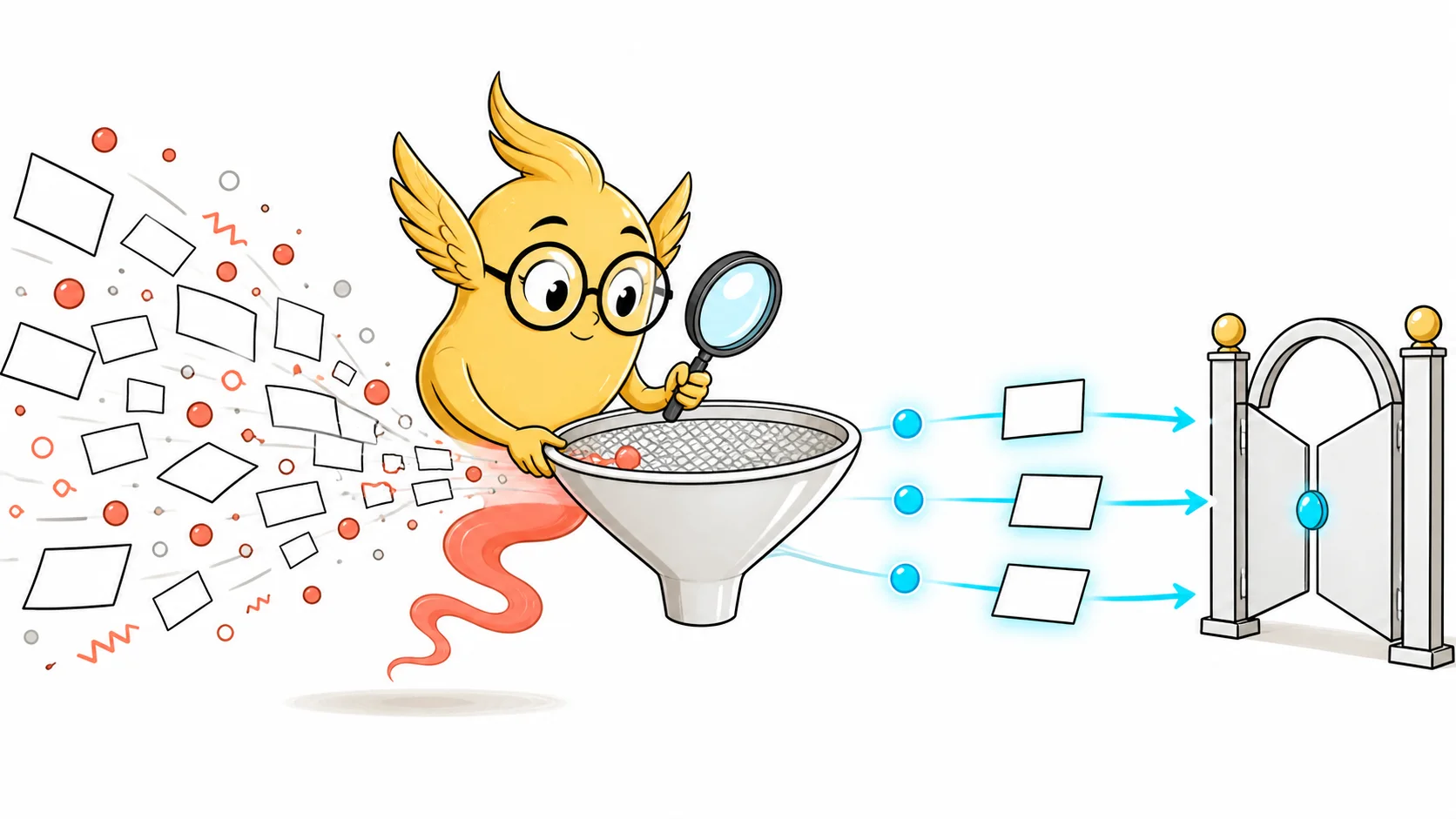 A gold analyst wisp filters noisy evidence cards through a sieve before three strong signals reach a decision gate