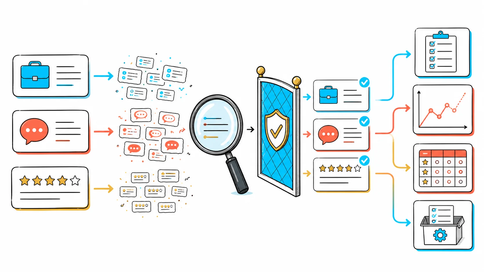 Job listings, discussions, and app reviews pass through an evidence quality gate and resolve into recurring AI evaluation work