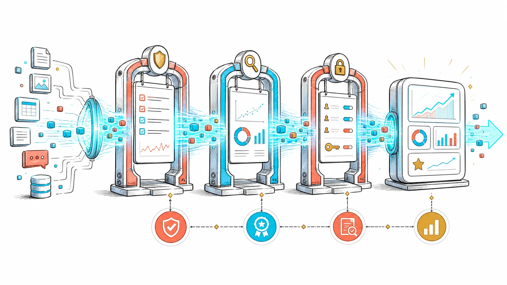 An AI workflow moving from raw inputs through evaluation and guarded production deployment