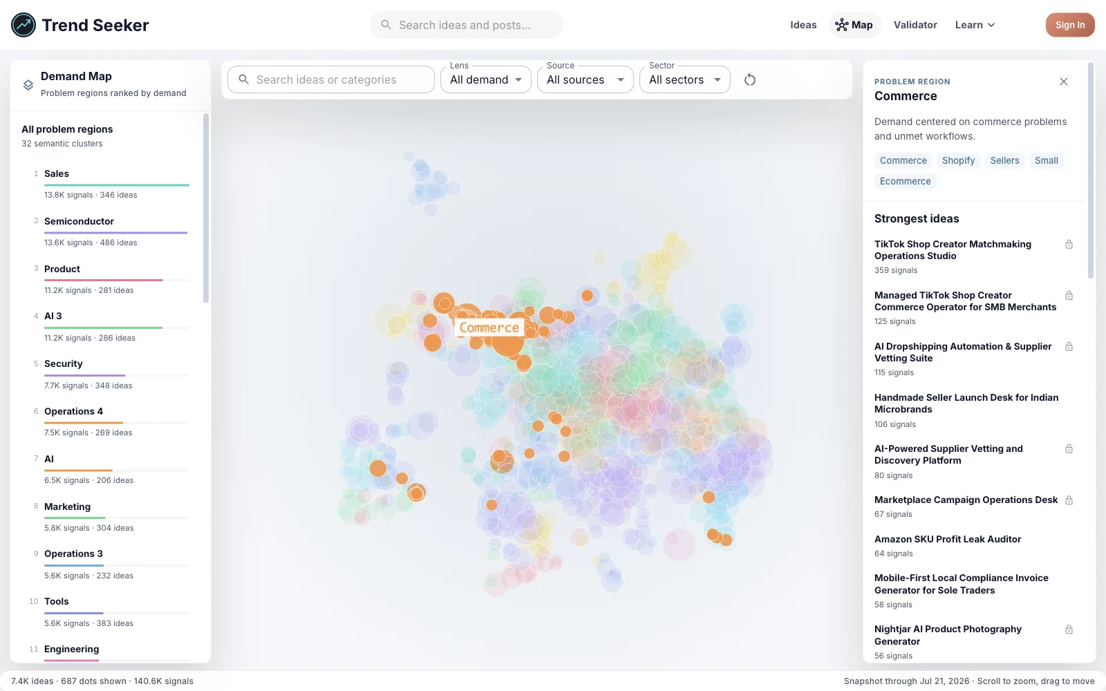 Trend Seeker Demand Map with Commerce Gaps selected for the E-commerce opportunity brief