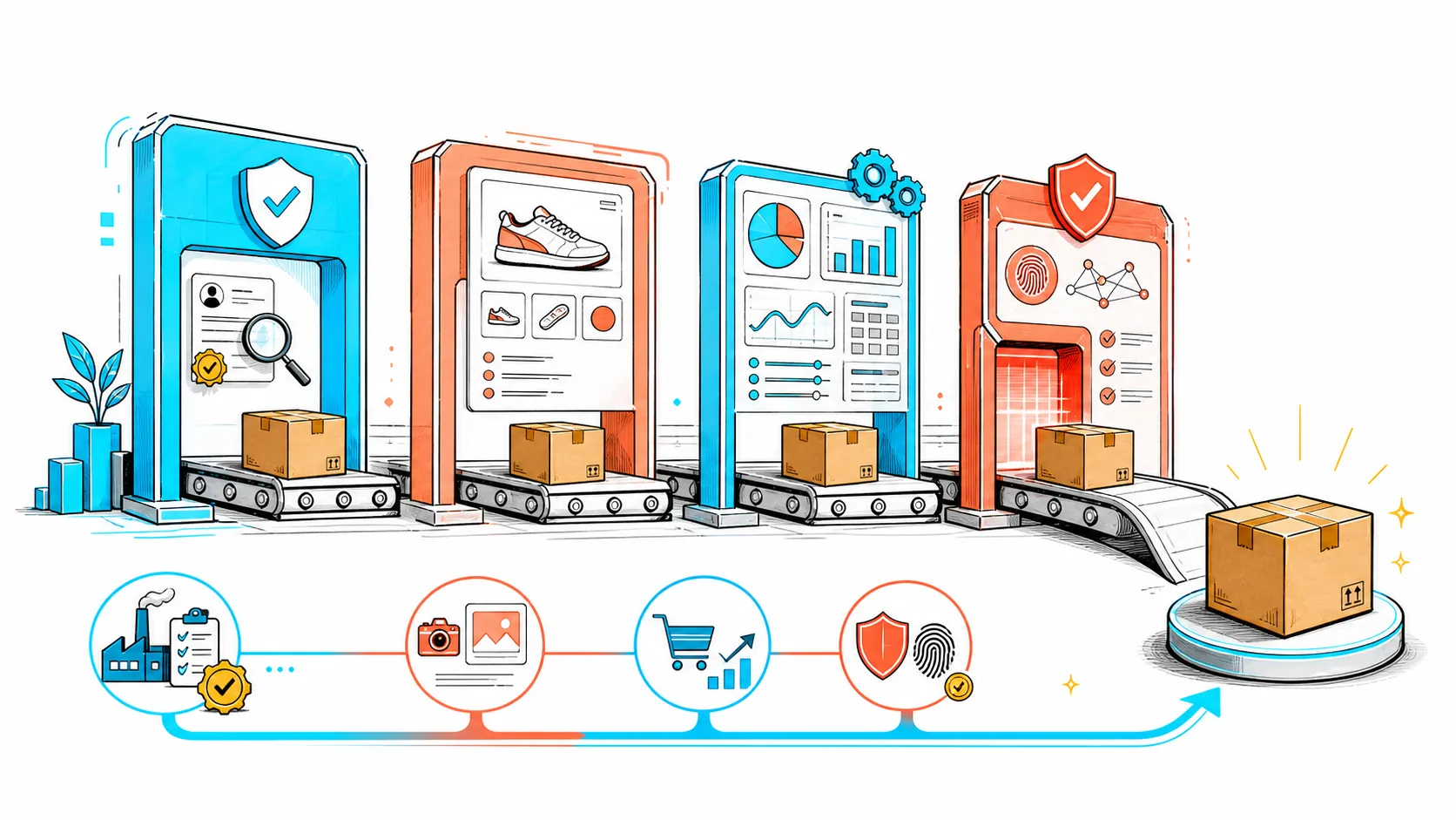 An e-commerce operating loop linking suppliers, catalog accuracy, orders, returns, and SKU profit