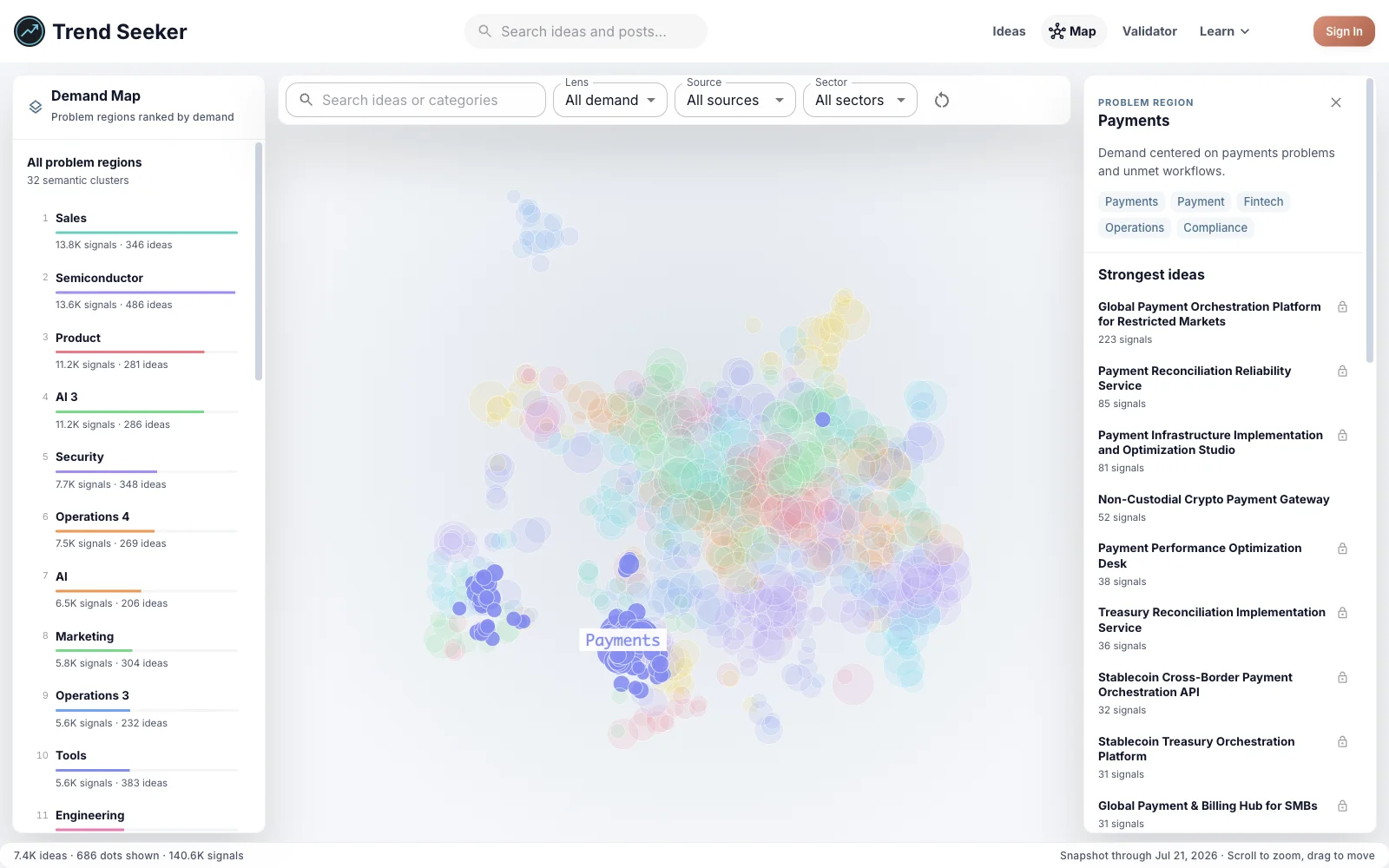 Trend Seeker Demand Map with Payments Gaps selected for the FinTech opportunity brief