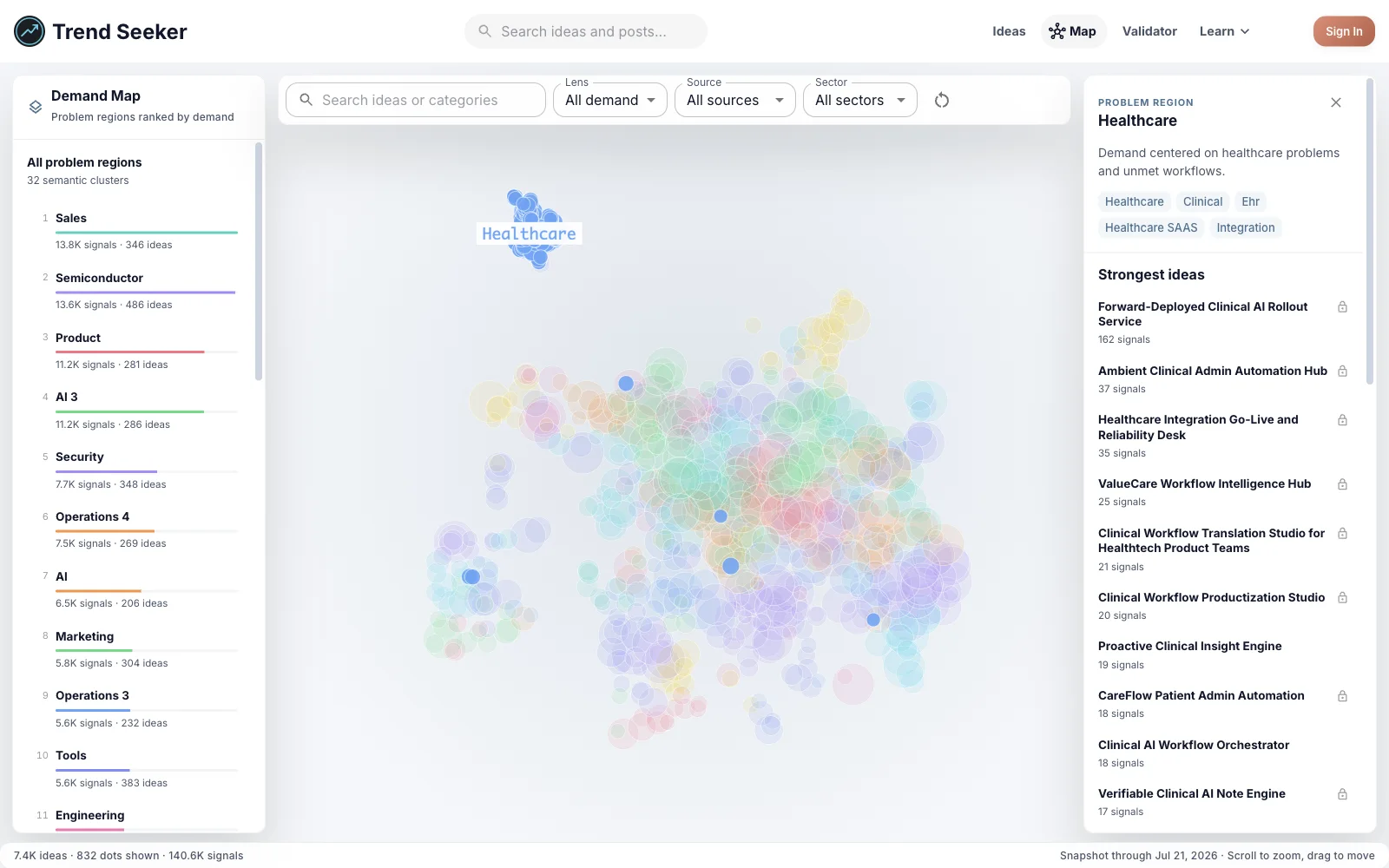 Trend Seeker Demand Map with Healthcare Gaps selected for the HealthTech opportunity brief