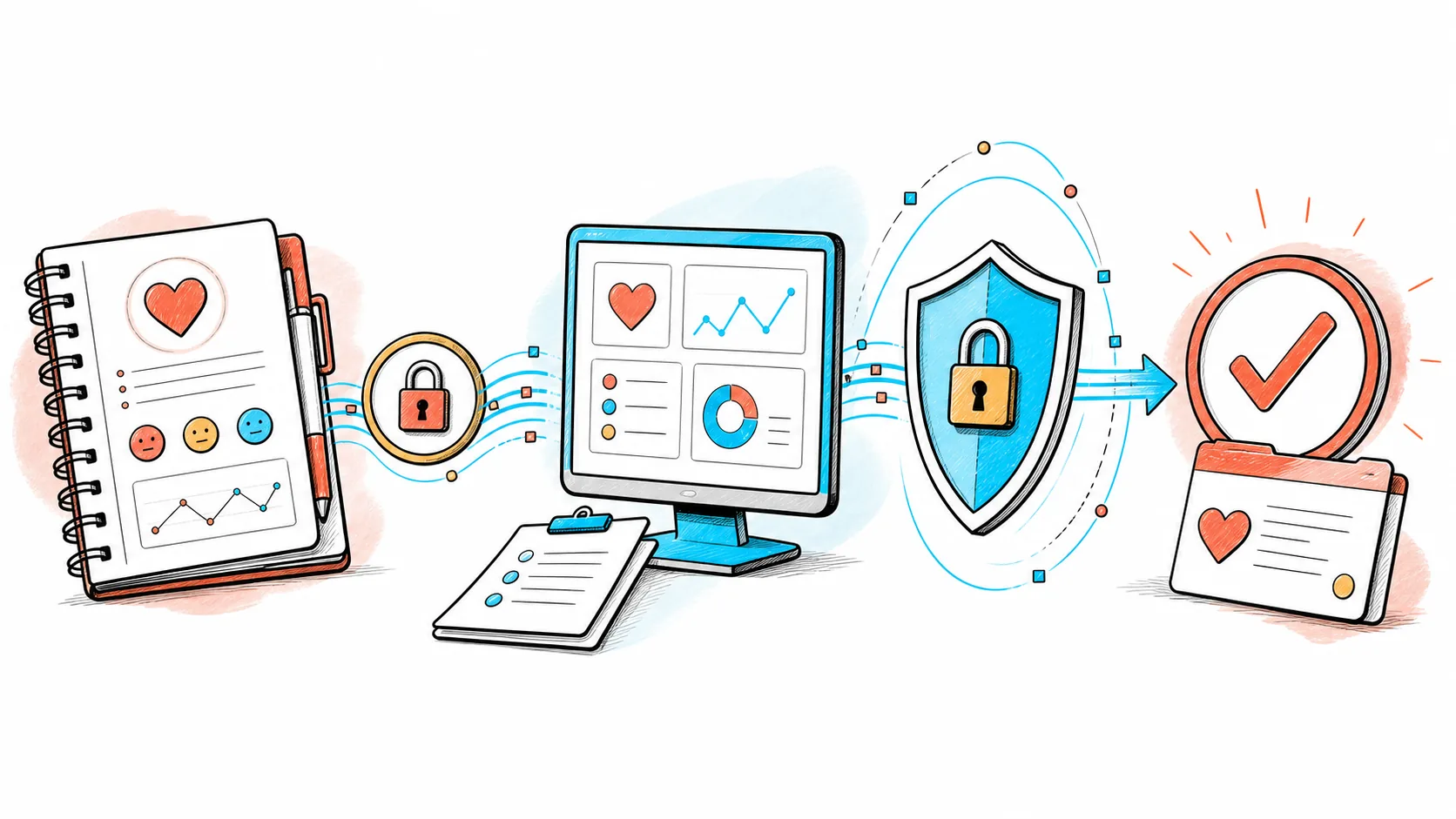 A health workflow connecting patient routines, clinical review, privacy, and implementation evidence
