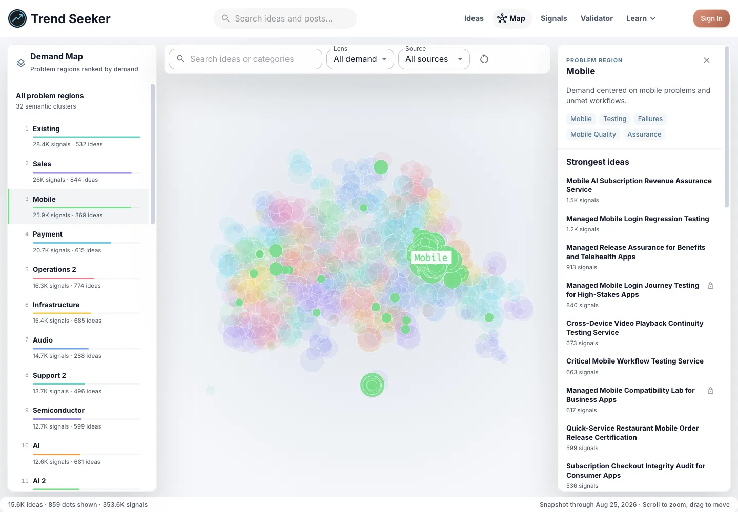Trend Seeker Demand Map with Mobile Gaps selected for the Mobile Apps opportunity brief