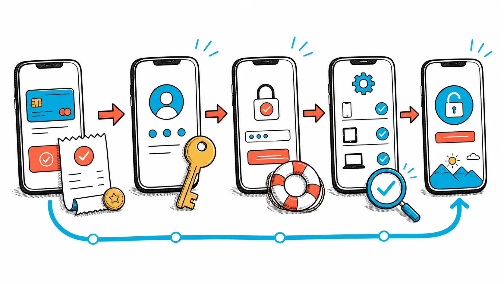 A mobile subscription and login journey passing through device testing, entitlement checks, and recovery