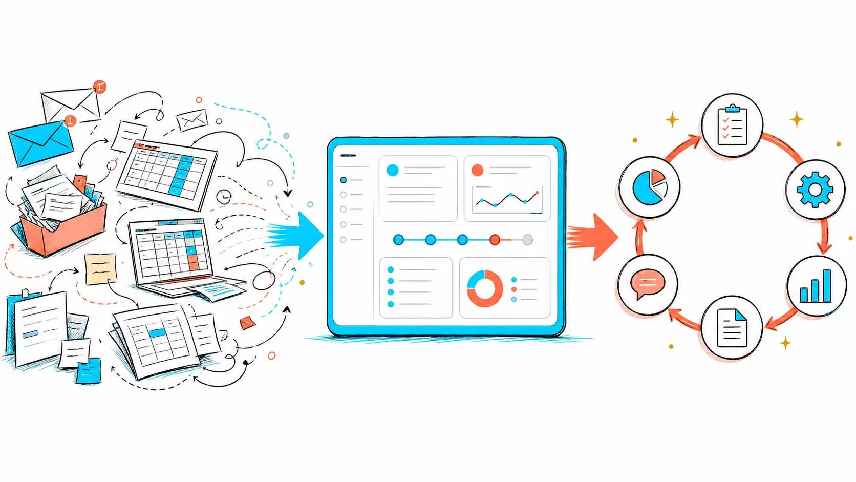 A focused SaaS workflow connecting customer evidence, implementation, and recurring operations