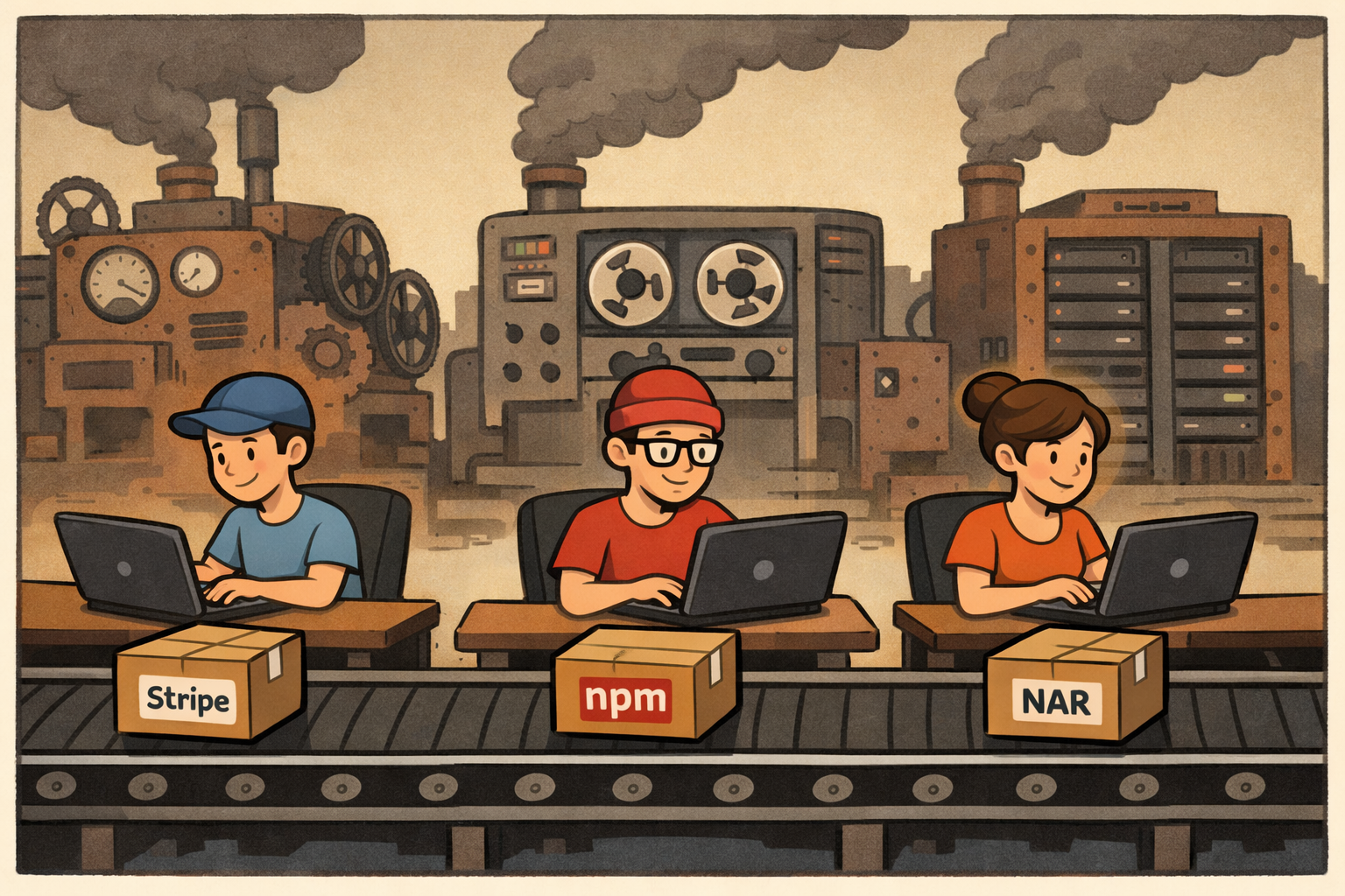 Three solo builders shipping patch packages labeled Stripe, NPM, and NAR onto a conveyor belt while rusty incumbent machines cough smoke in the background