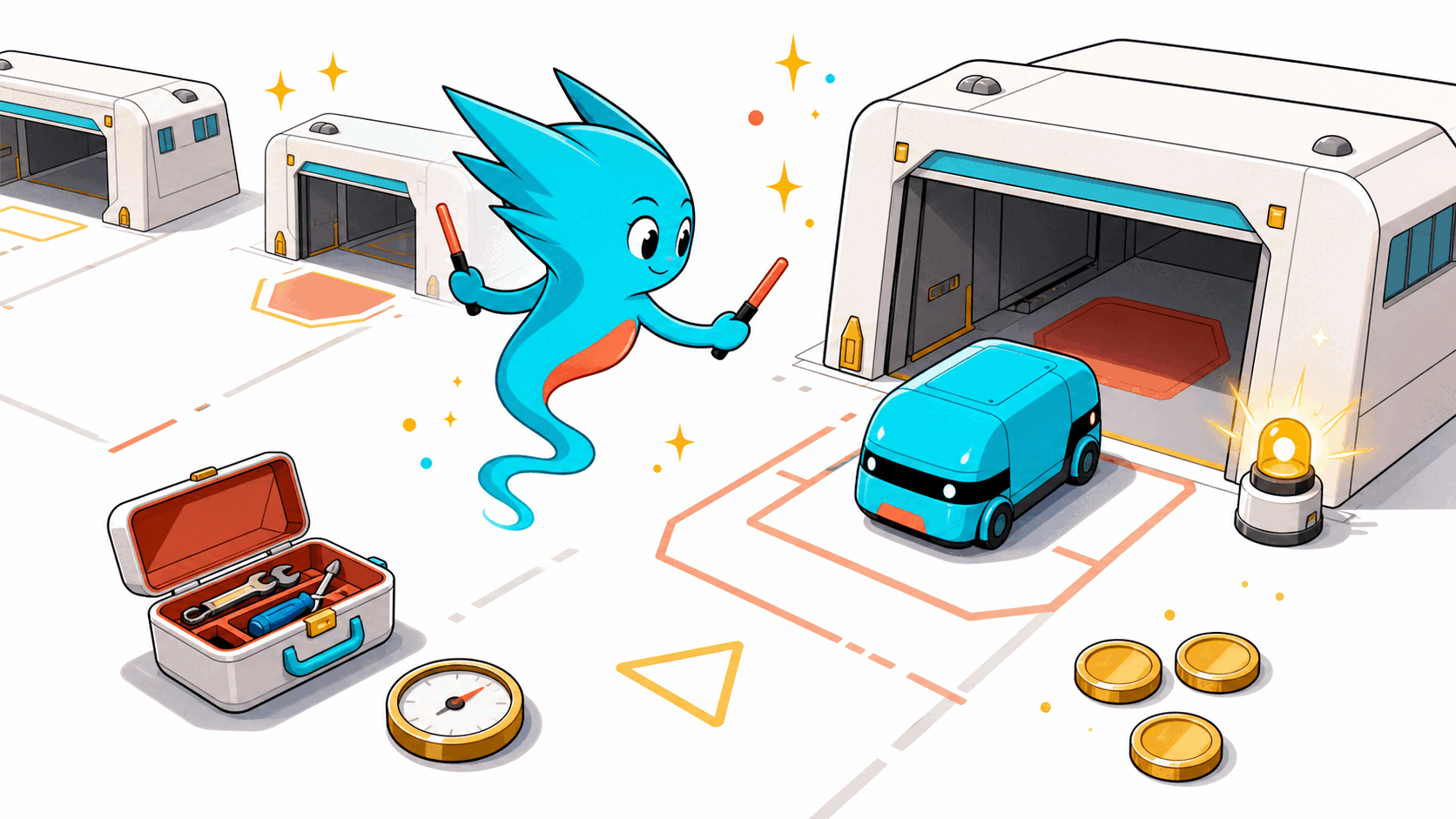 Trend Seeker mascot marshals an autonomous service pod toward a glowing compliance checkpoint.